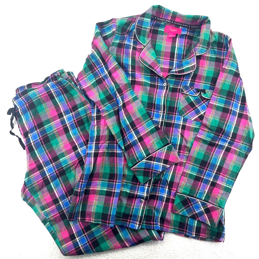 Victoria's Secret Womens Pajama Set Medium Long Multicolor Plaid Flannel 2pc